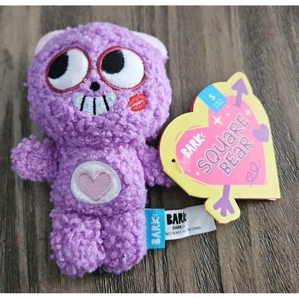 Bark Box Dog Toy Valentine Square Bear Purple Squeak Small